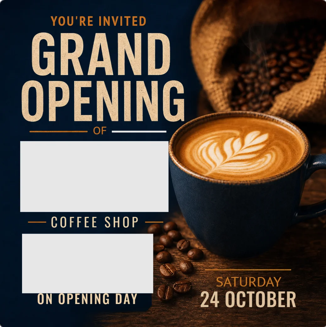 An Adobe Express AI Assistant design as saved after clicking Open in Editor: the Grand Opening headline and the date remain, but two grey blank rectangles sit where Alley Roasters and 20% off all drinks were
