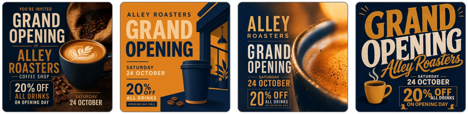 Four Instagram post designs generated by the Adobe Express AI Assistant for Alley Roasters, each showing Grand Opening, Saturday 24 October and 20% off all drinks in navy and amber