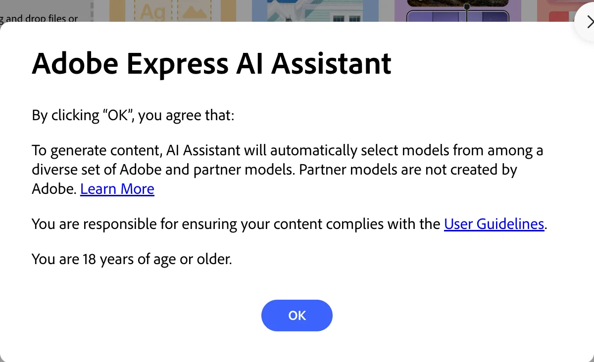The Adobe Express AI Assistant notice stating that the Assistant will automatically select models from among a diverse set of Adobe and partner models, and that partner models are not created by Adobe