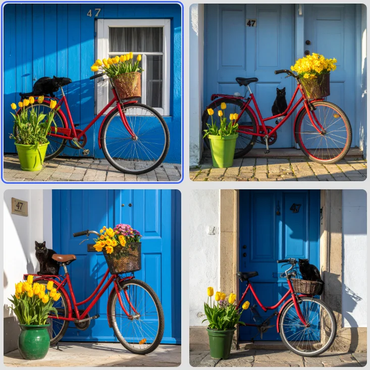 Four images generated by Firefly Image 4 in Adobe Express from one prompt, each showing a red bicycle, a black cat, yellow tulips and the number 47 by a blue door or wall