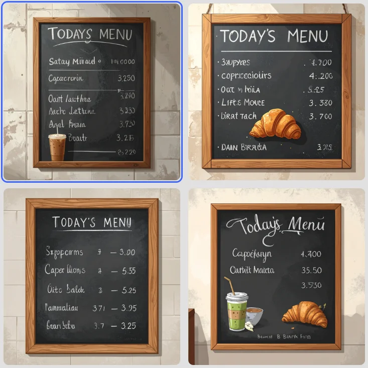 Four café menus generated by Firefly Image 4 in Adobe Express with garbled item names and mostly wrong prices under a Today's Menu title