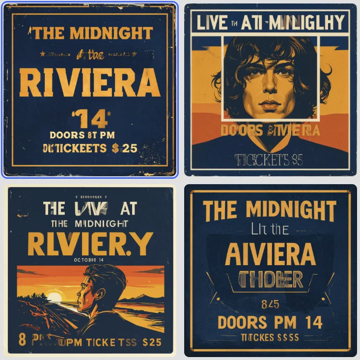 Four gig posters generated by Firefly Image 4 in Adobe Express, all with garbled text such as The Midnight without Alley, and Tickeets for Tickets