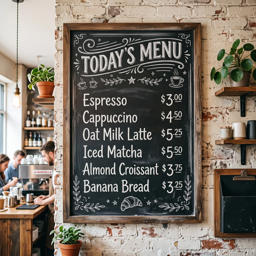 A café chalkboard menu generated inside Adobe Express by the Gemini 3.1 partner model, reading Today's Menu with six items and prices all correct