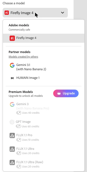 The Adobe Express image model picker on a free account: Firefly Image 4 under Adobe models, commercially safe; Gemini 3.1 and HUMAIN Image 1 under partner models; and locked premium models priced from 10 to 60 credits