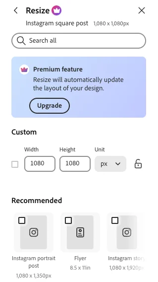 The Adobe Express Resize panel on a free account, headed Premium feature with an Upgrade button, above custom size fields and recommended sizes