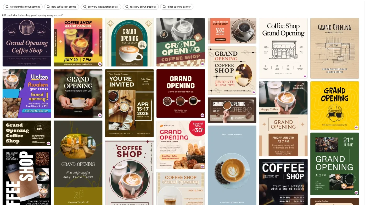 Adobe Express template search results for a coffee shop grand opening Instagram post, showing 809 results with nearly half the visible templates marked with a premium crown