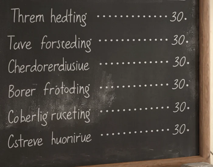 Close-up of the six garbled menu lines from Adobe Firefly Image 5, each ending in the same price, 30.