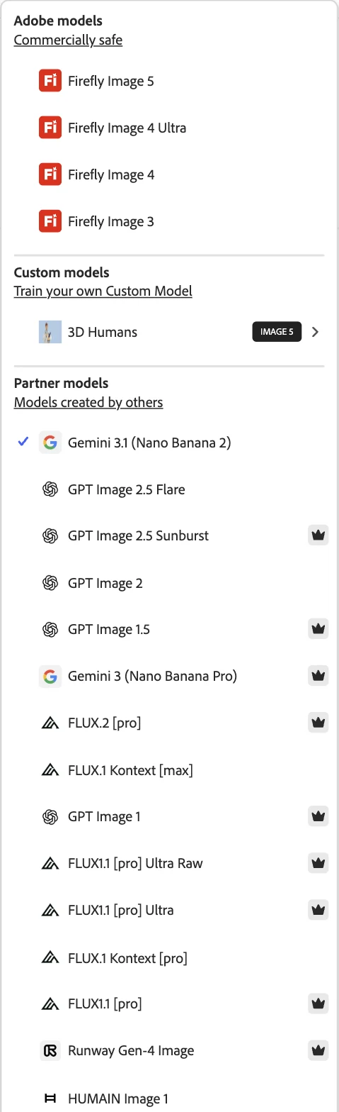 The Adobe Firefly model picker, listing Adobe models marked Commercially safe (Firefly Image 5, Image 4 Ultra, Image 4 and Image 3), a custom 3D Humans model, and partner models from Google, OpenAI, Black Forest Labs, Runway and HUMAIN, several marked with a crown