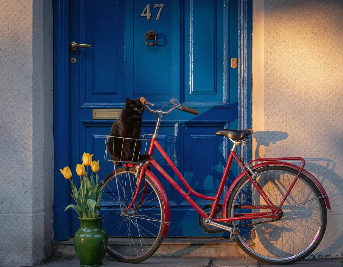 Adobe Firefly Image 5's version of the seven-part scene: a red bicycle leaning on a blue door numbered 47, a black cat in its wire basket, yellow tulips in a green pot to the left, and late sun from the right