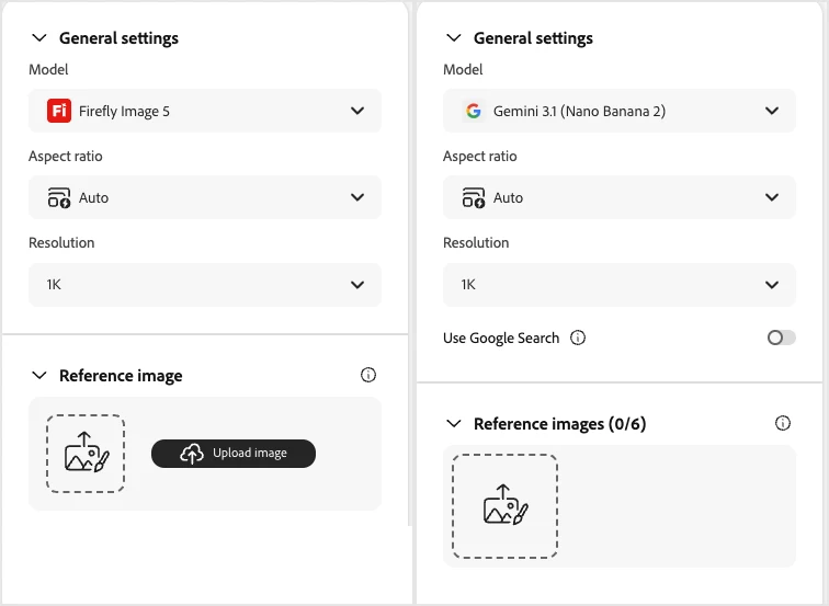 The Firefly settings panel side by side: with Firefly Image 5 selected it shows aspect ratio, resolution and a single Reference image slot; with Gemini 3.1 (Nano Banana 2) selected it adds a Use Google Search toggle and Reference images (0/6)