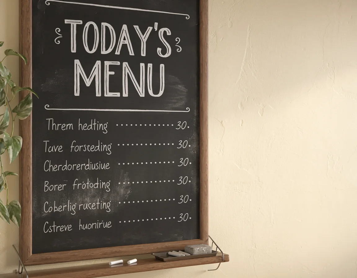 Adobe Firefly Image 5's chalkboard menu: the title Today's Menu is correct, but the six items are invented words such as Threm hedting and Cherdorerdiusiue, each priced 30.