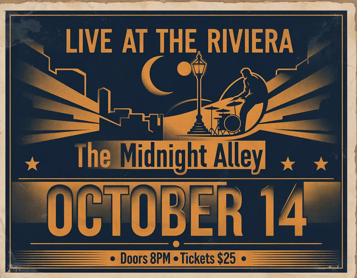 A navy and amber vintage concert poster by Adobe Firefly reading Live at the Riviera, The Midnight Alley, October 14, Doors 8PM • Tickets $25