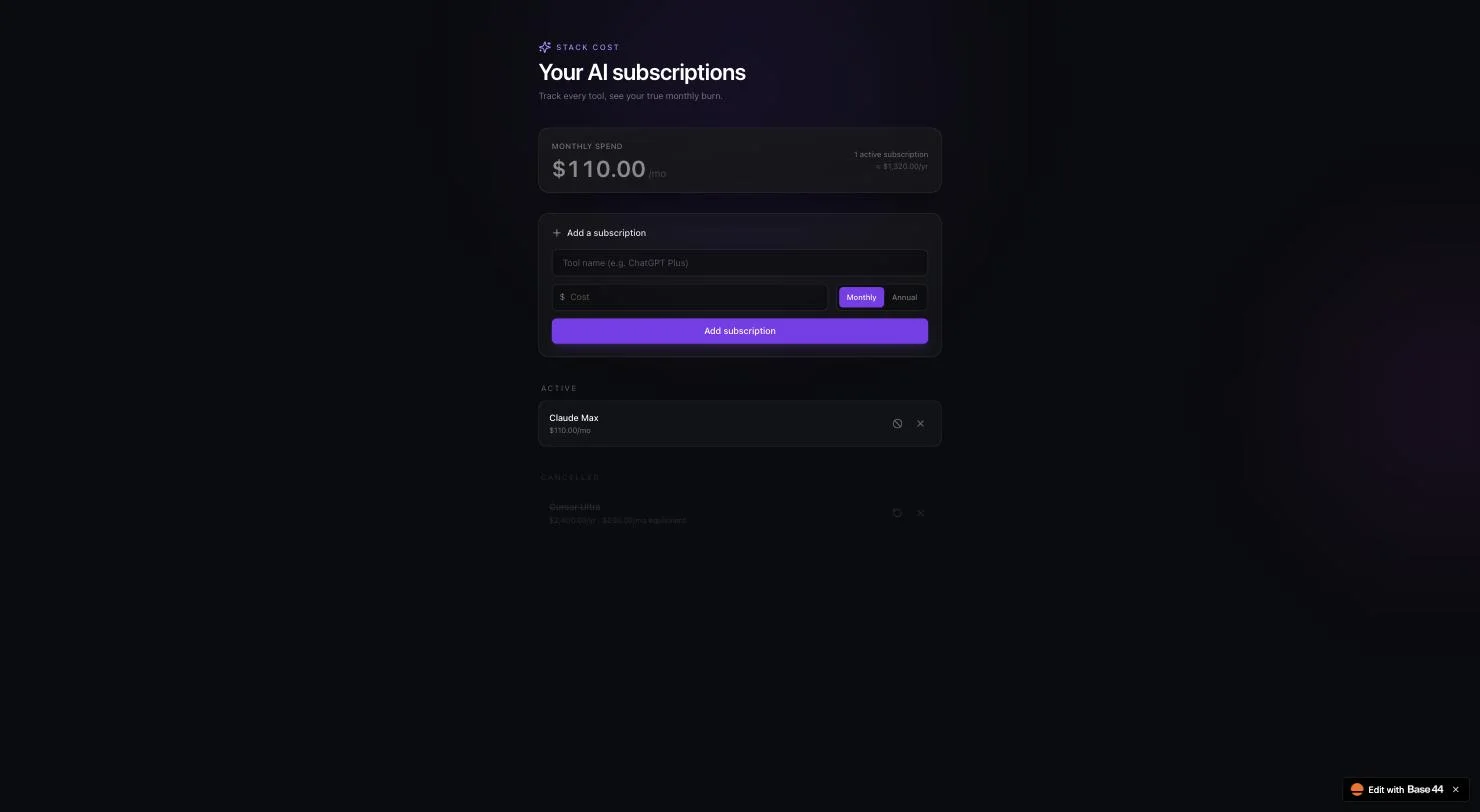 The subscription tracker app Base44 built, showing the cancelled subscription excluded from the total