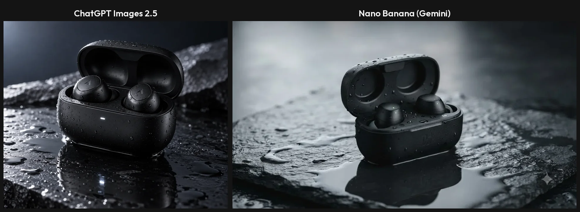 Side by side of the photoreal product prompt: both ChatGPT and Nano Banana show an open matte-black earbud case on wet slate with water droplets and a reflection