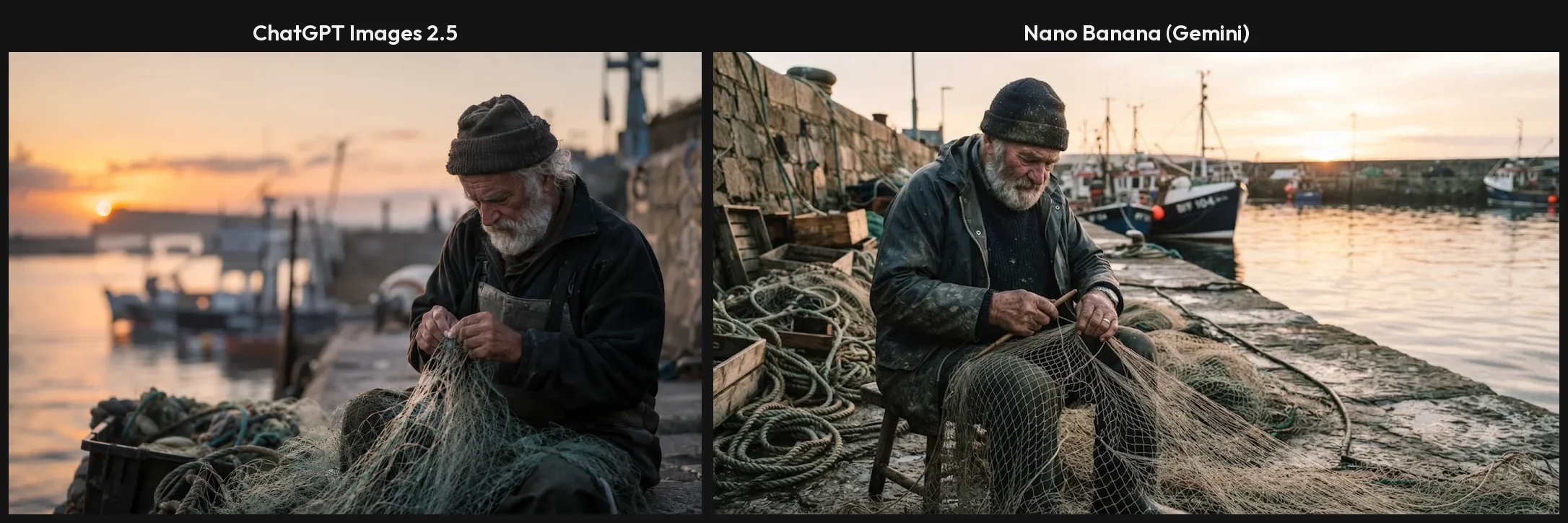 Side by side of the photoreal fisherman portrait prompt: ChatGPT with a shallow depth of field and a blurred harbour behind, Nano Banana with the boats and harbour in sharper focus