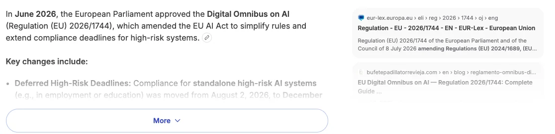 Screenshot of Brave Search summarising the EU AI Act change and pointing at eur-lex.europa.eu for the regulation
