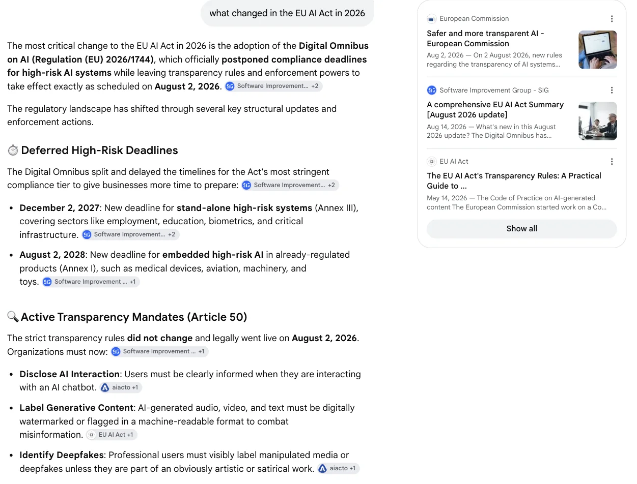 Screenshot of Google AI Mode answering the EU AI Act question with a sources panel