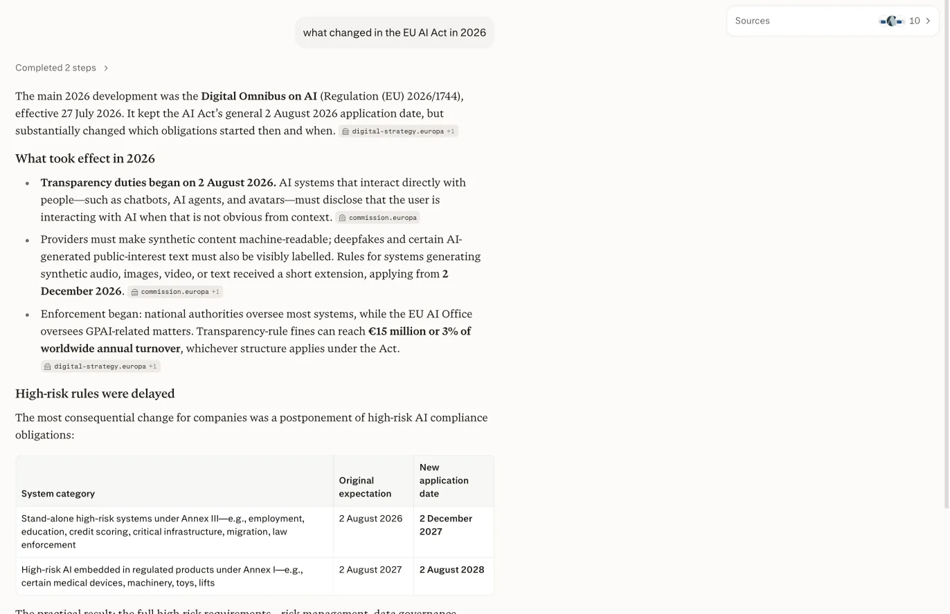 Screenshot of Perplexity answering the EU AI Act question, citing European Commission domains and showing a table of deferred deadlines