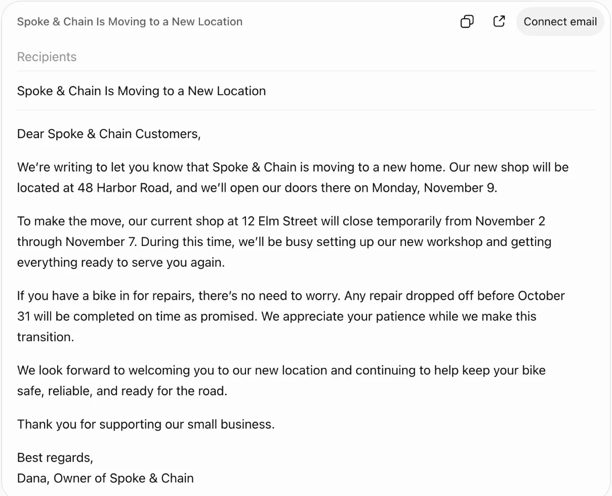 ChatGPT's free draft of the moving email in an email card, keeping all four facts and closing with Best regards, Dana, Owner of Spoke & Chain