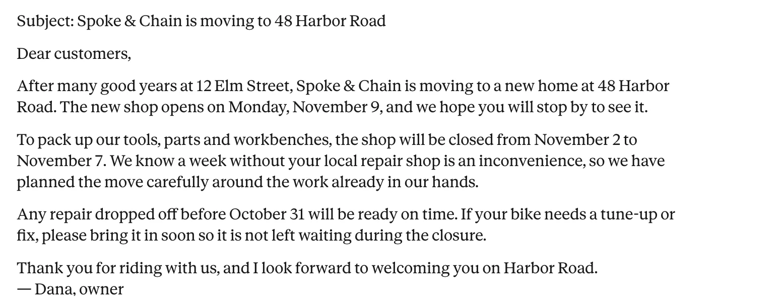 Claude's draft of the moving email from the same brief, with all four facts kept, a line about packing up tools, parts and workbenches, and a one-sentence sign-off from Dana