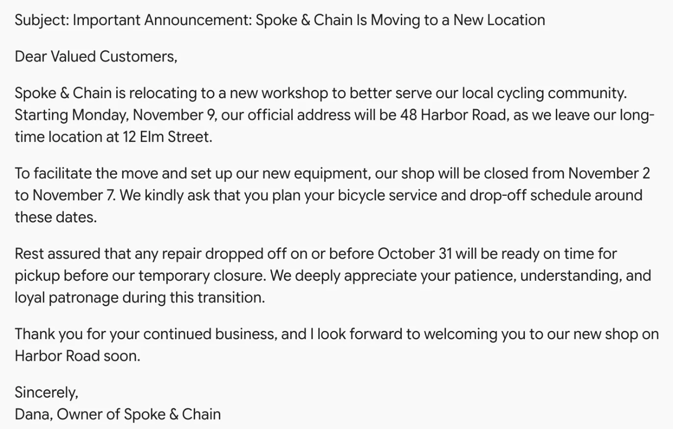 Gemini's free draft of the moving email, opening its repair paragraph with a promise that repairs dropped off on or before October 31 will be ready for pickup before the temporary closure