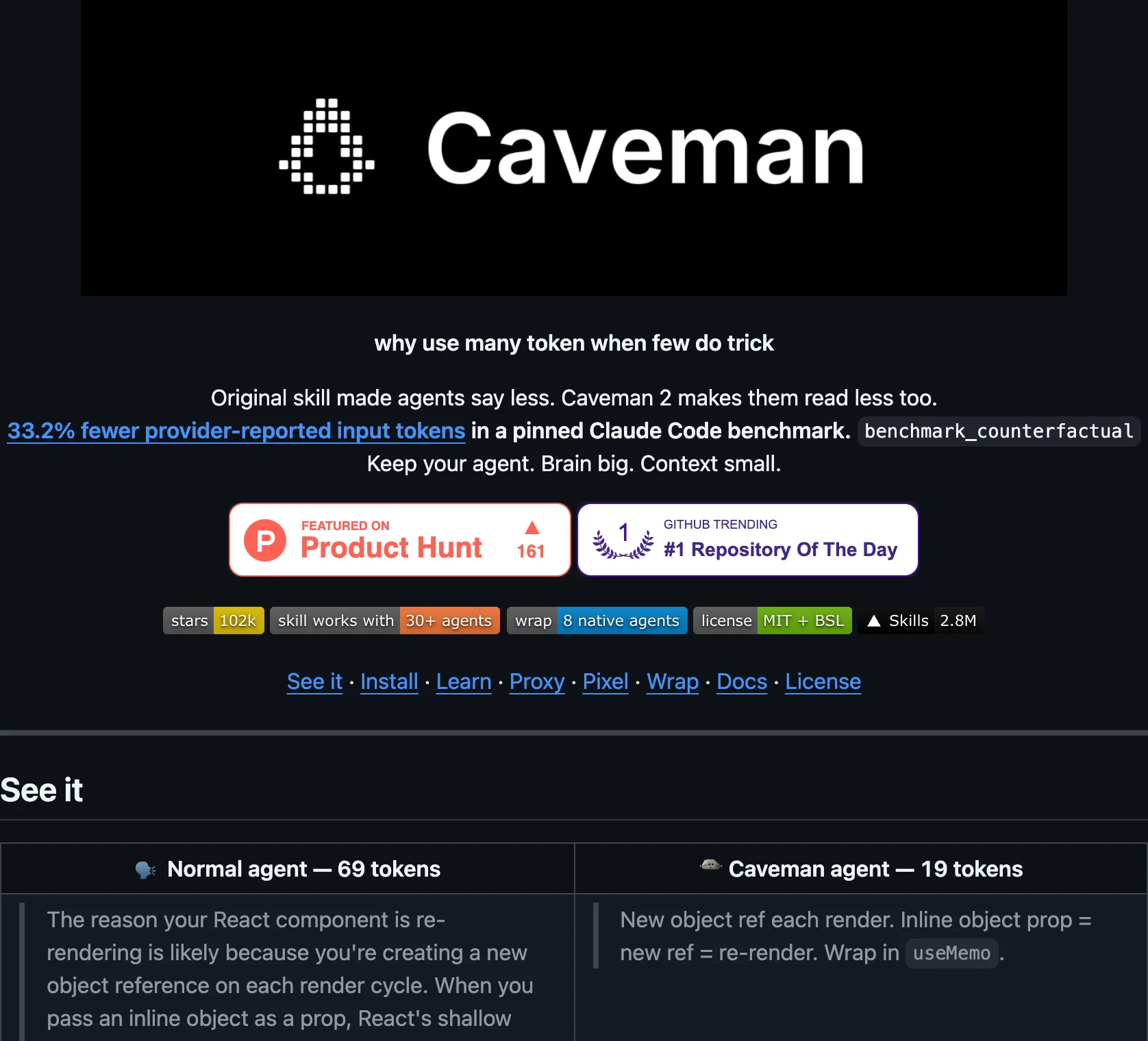 The caveman README on GitHub, describing the output-compression skill and its intensity levels
