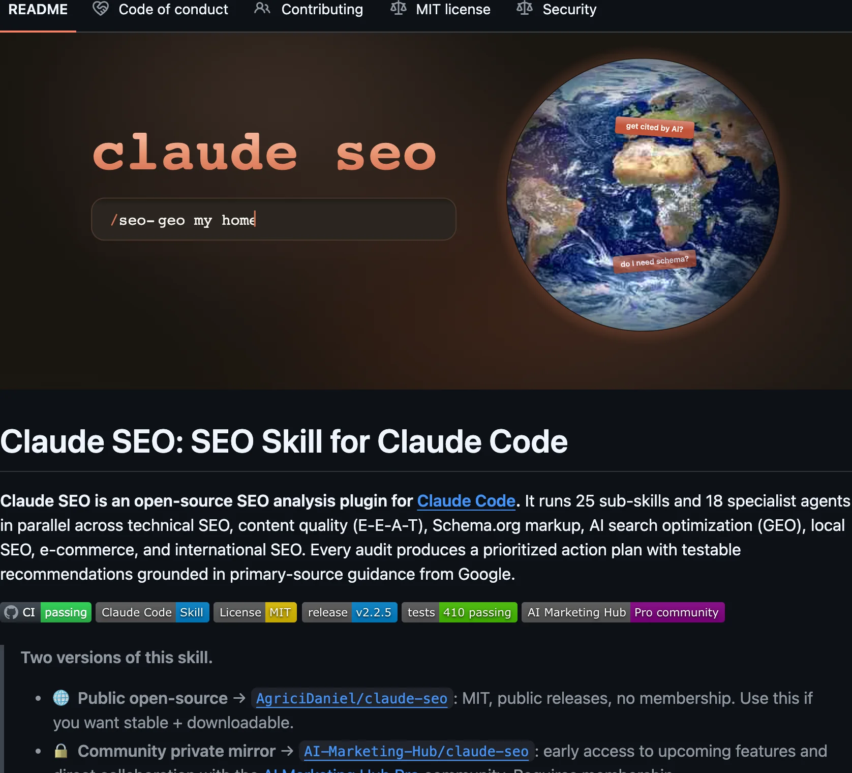 The claude-seo README on GitHub, describing an open-source SEO plugin for Claude Code that runs sub-skills and specialist agents in parallel, with an MIT license badge