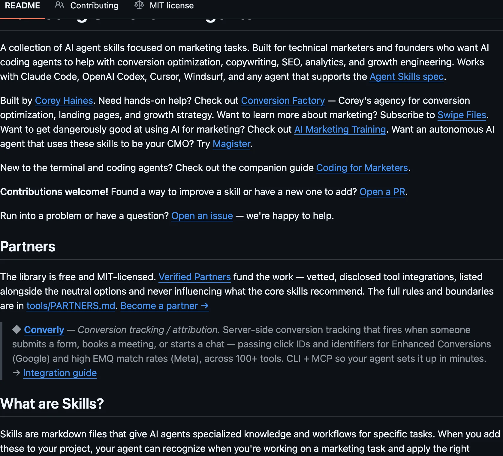 The marketingskills README on GitHub, showing the collection of marketing playbooks packaged as Claude skills