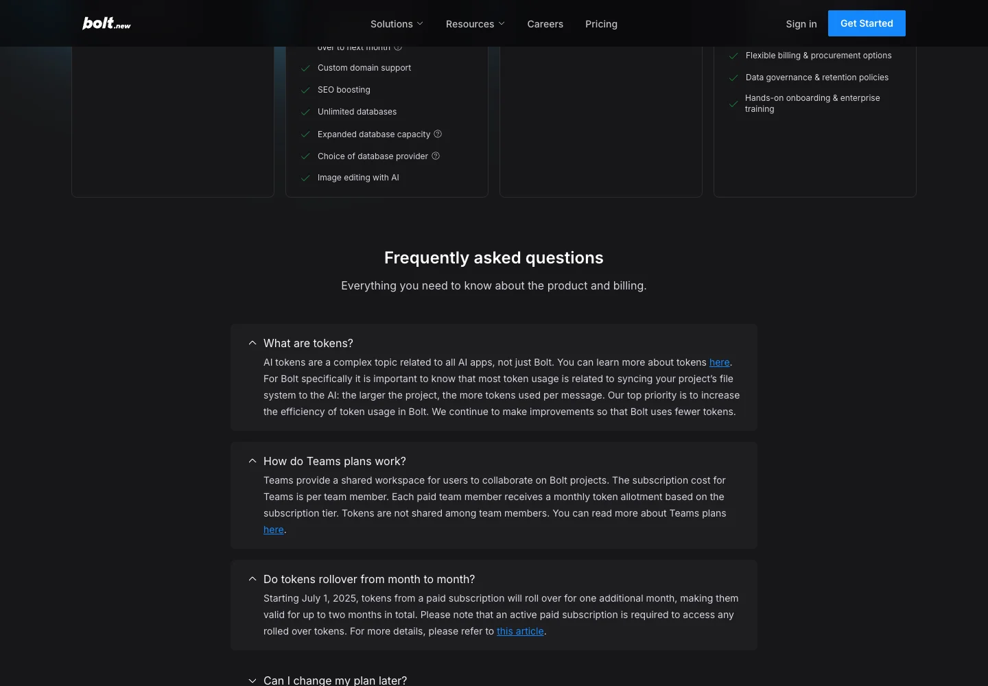 Bolt.new pricing page FAQ expanded, showing the answers on what tokens are, how Teams plans allot tokens per member, and the two-month rollover rule