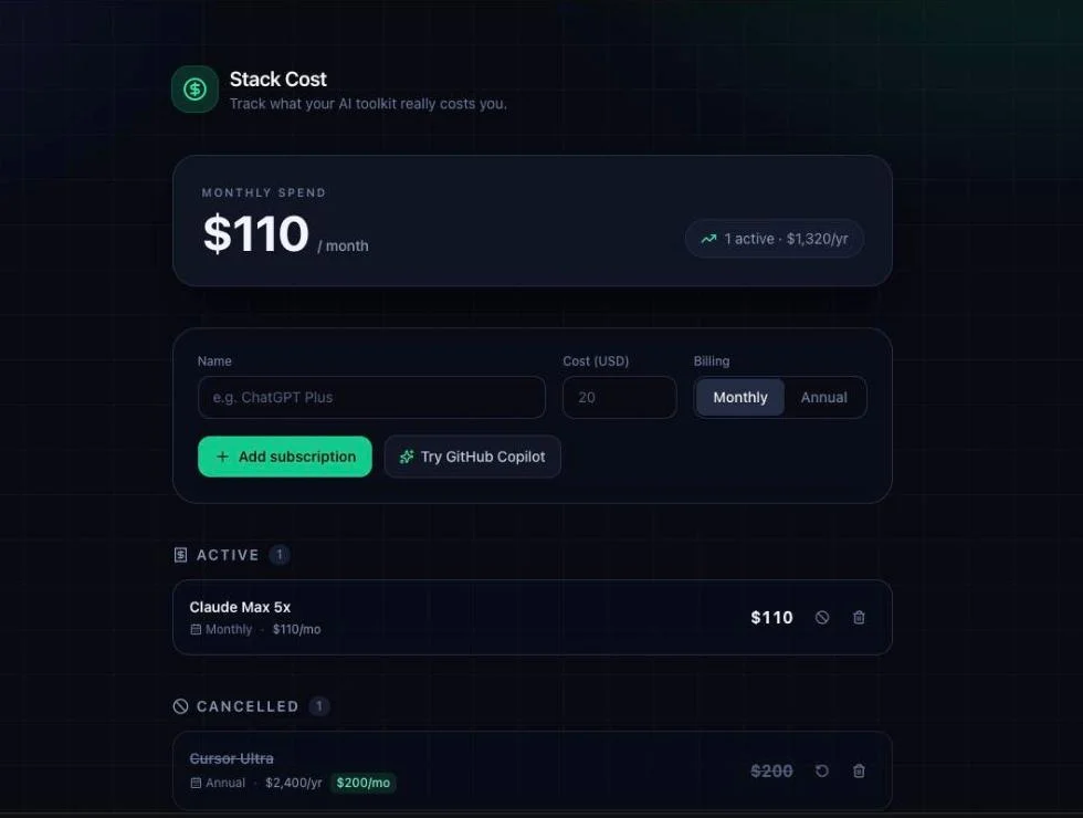 The Stack Cost app Bolt built, showing a pinned monthly spend of $110 with a $1,320 yearly projection, an active Claude Max 5x subscription, and a cancelled Cursor Ultra entry struck through showing both the $2,400 annual price and a highlighted $200 per month equivalent