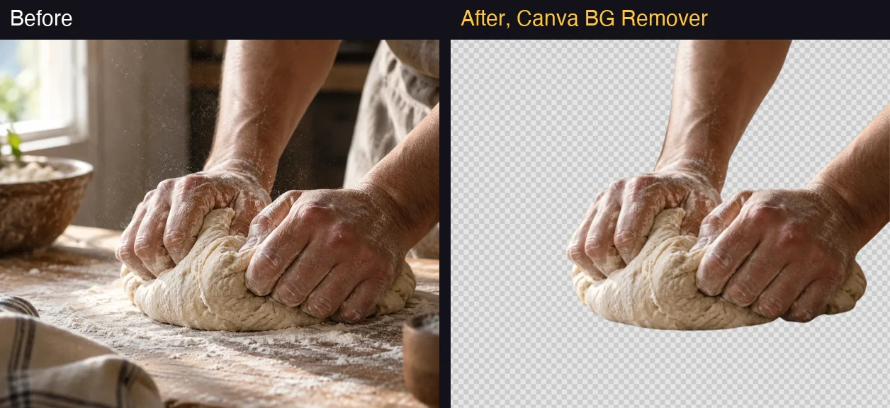 Before and after Canva's background remover on a kitchen photo: floury hands kneading dough on a wooden table, then the hands, forearms and dough alone on a transparent checkerboard