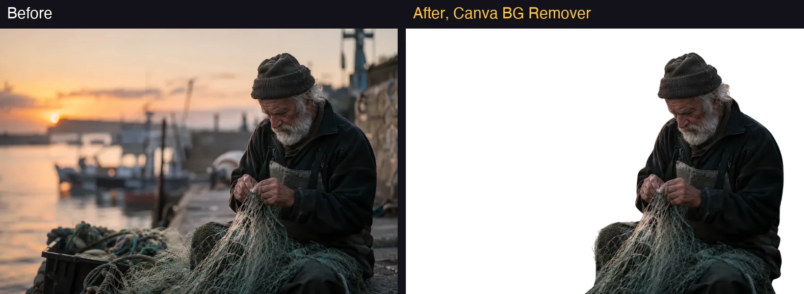 Before and after Canva's background remover on a portrait: a bearded fisherman mending a net on a harbour, then the same man and net alone on a blank background