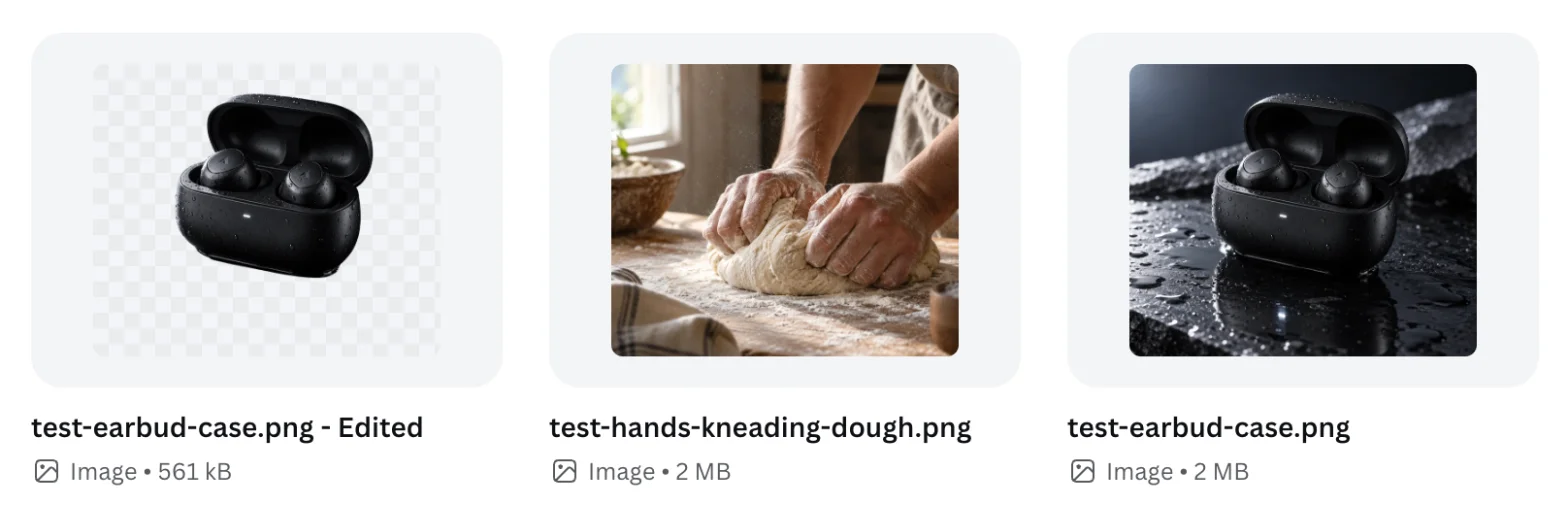 The Canva Uploads folder after a background removal: a new file named test-earbud-case.png - Edited at 561 kB sits in the same folder as the unchanged 2 MB original