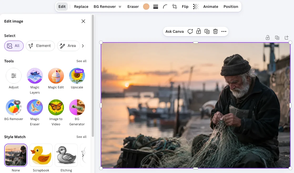 The Canva editor with a photo selected: the toolbar shows Edit, Replace, BG Remover with a crown, and Eraser, and the Edit image panel lists Adjust, Magic Layers, Magic Edit, Upscale, BG Remover, Magic Eraser, Image to Video and BG Generator