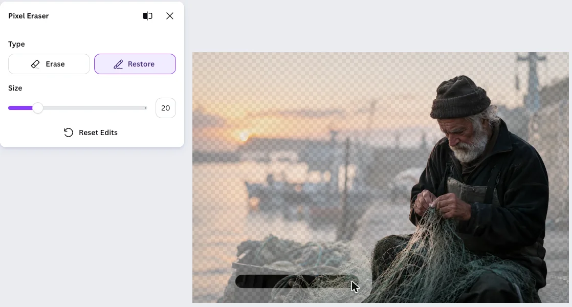Canva's Pixel Eraser panel with Erase and Restore brushes and a Size slider, and the removed background shown ghosted over a checkerboard with one restored brush stroke across a crate