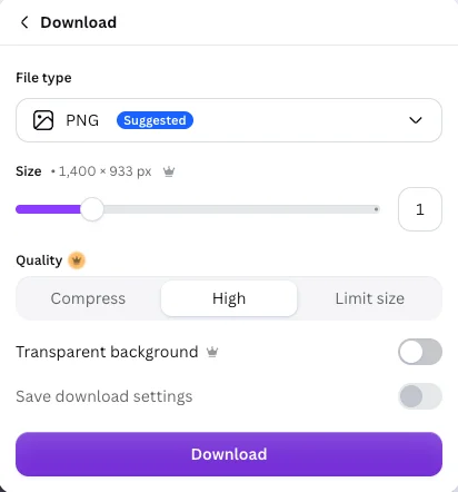 The Canva Download panel on a Pro trial: file type PNG marked Suggested, with crowns beside Size, Quality and the Transparent background switch, which is off