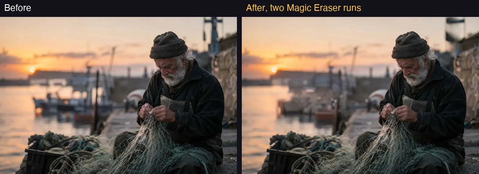 Before and after two Canva Magic Eraser runs on a harbour photo: the fishing boat in the middle distance is gone and replaced with quay, while the mast at the top right has become a pale blurred shape