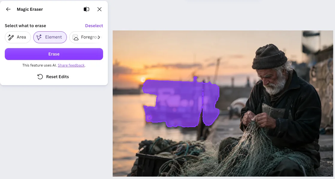 Canva Magic Eraser in Element mode with a fishing boat selected in purple, the Erase button active and a Deselect link above the mode buttons