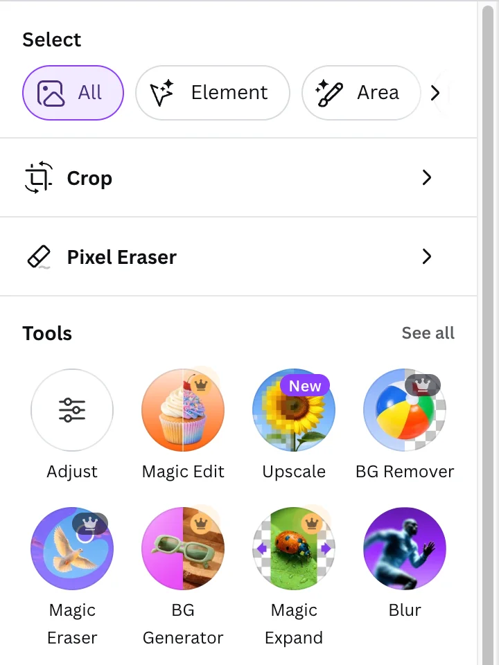 Canva's standalone photo editor tool panel, with crowns on Magic Edit, BG Remover, Magic Eraser, BG Generator and Magic Expand, and none on Adjust, Upscale or Blur