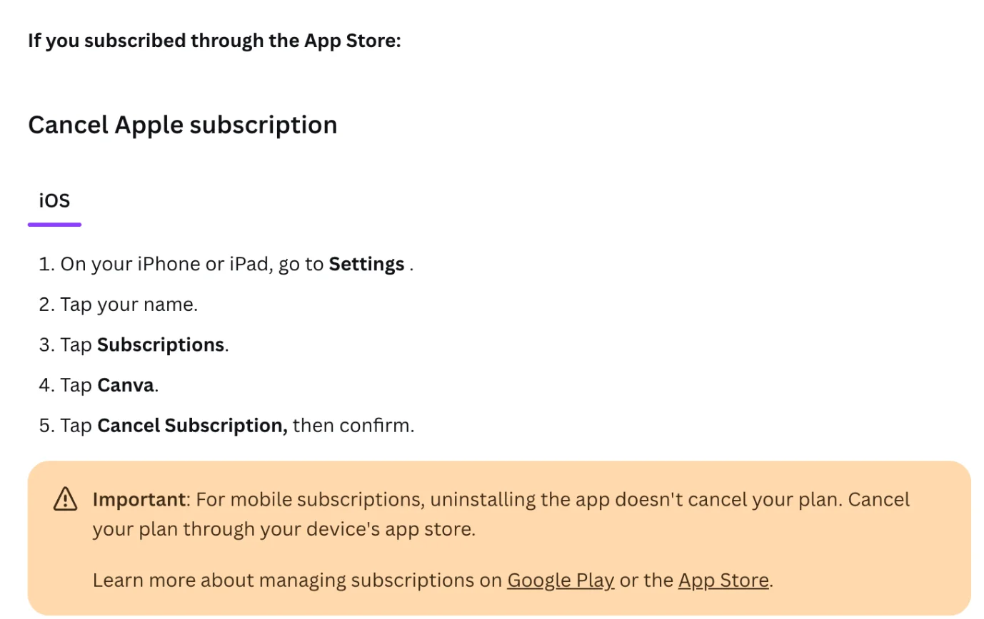 Canva's help page steps for cancelling an Apple subscription on iOS, followed by a warning box stating that for mobile subscriptions uninstalling the app doesn't cancel your plan and that you cancel through your device's app store