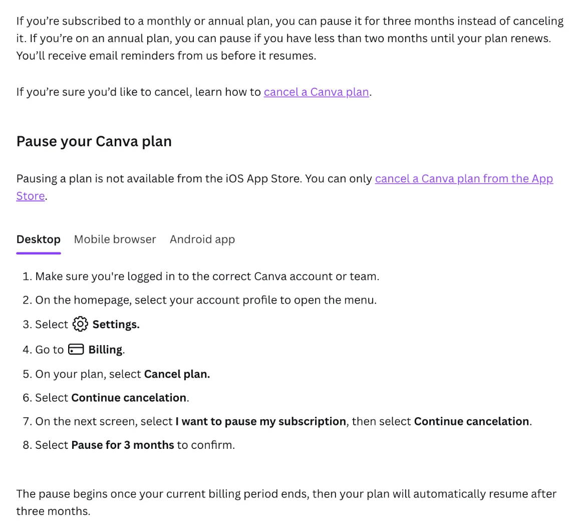 Canva's help page on pausing a plan: a monthly or annual plan can be paused for three months, annual plans only with less than two months until renewal, pausing is not available from the iOS App Store, and the desktop steps go through Cancel plan to Pause for 3 months