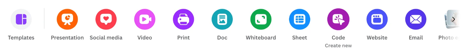 The row of design types on the Canva homepage, with Code between Sheet and Website and a Create new label under it