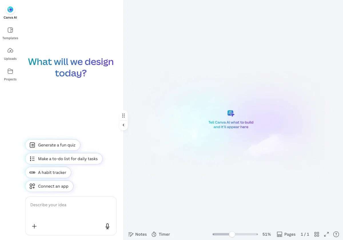 An empty Canva Code editor: a chat panel with suggestion chips for a quiz, a to-do list and a habit tracker, a Describe your idea prompt box with plus and microphone buttons, and a blank canvas