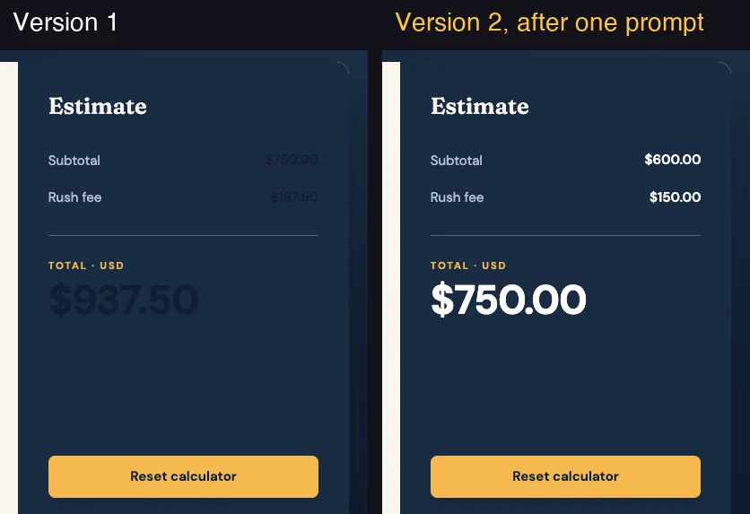 The Estimate panel before and after one follow-up prompt: in Version 1 the subtotal, rush fee and total are dark and nearly invisible, and in Version 2 they are white and readable