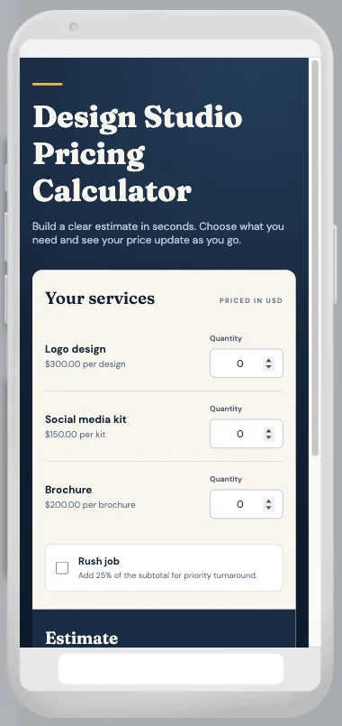 The Canva Code mobile preview showing the pricing calculator inside a phone frame, stacked into a single column with the services card above the Estimate panel