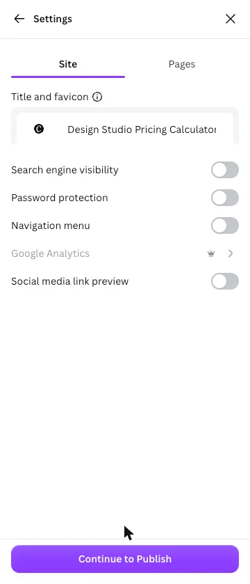 The Canva Code publish Settings panel: a prefilled site title, switches for search engine visibility, password protection, navigation menu and social media link preview, all off, and Google Analytics marked with a crown