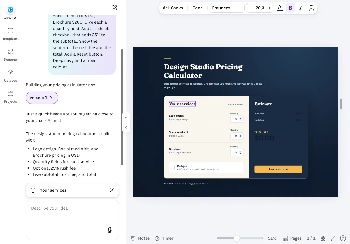 A heading selected on the Canva Code canvas, with a toolbar offering Ask Canva, Code, a font menu, size, colour, bold and italic, and the selected element named above the prompt box