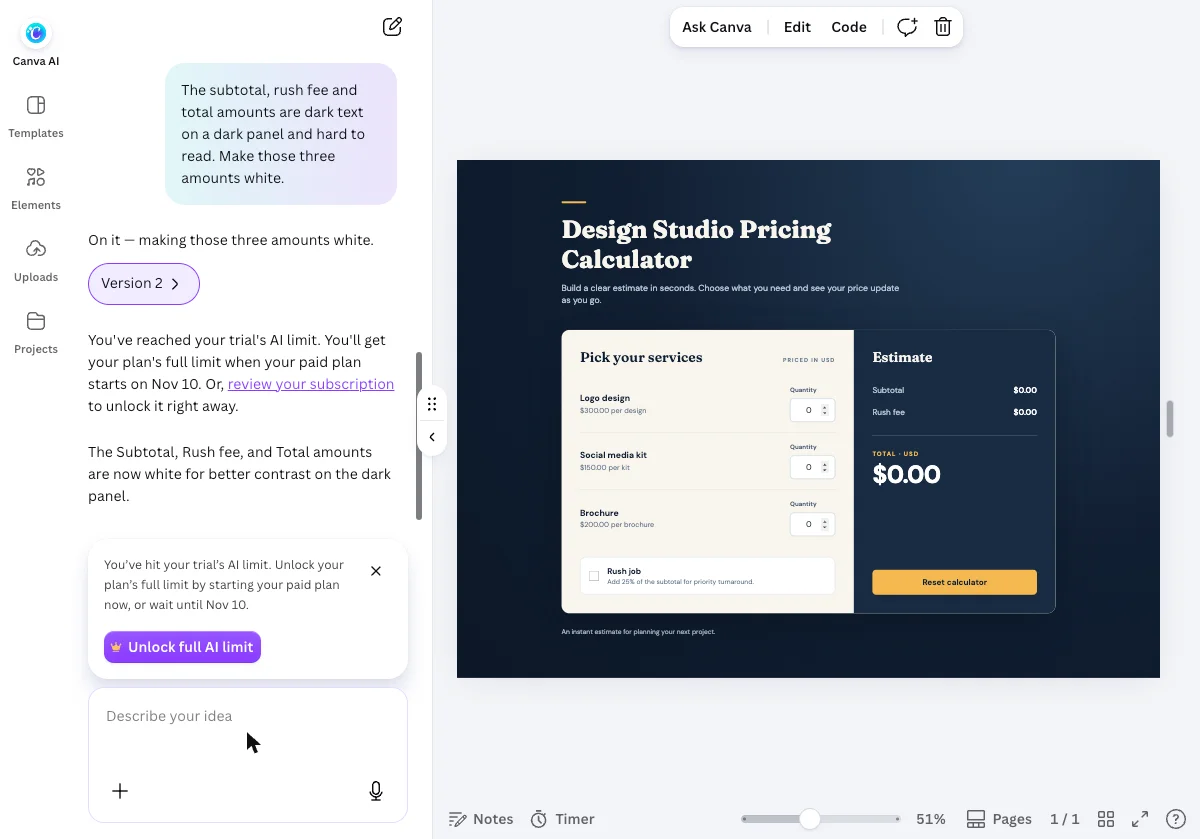 Canva Code after the follow-up edit: a Version 2 chip, a message saying the trial's AI limit has been reached, and a card offering to unlock the full AI limit by starting the paid plan