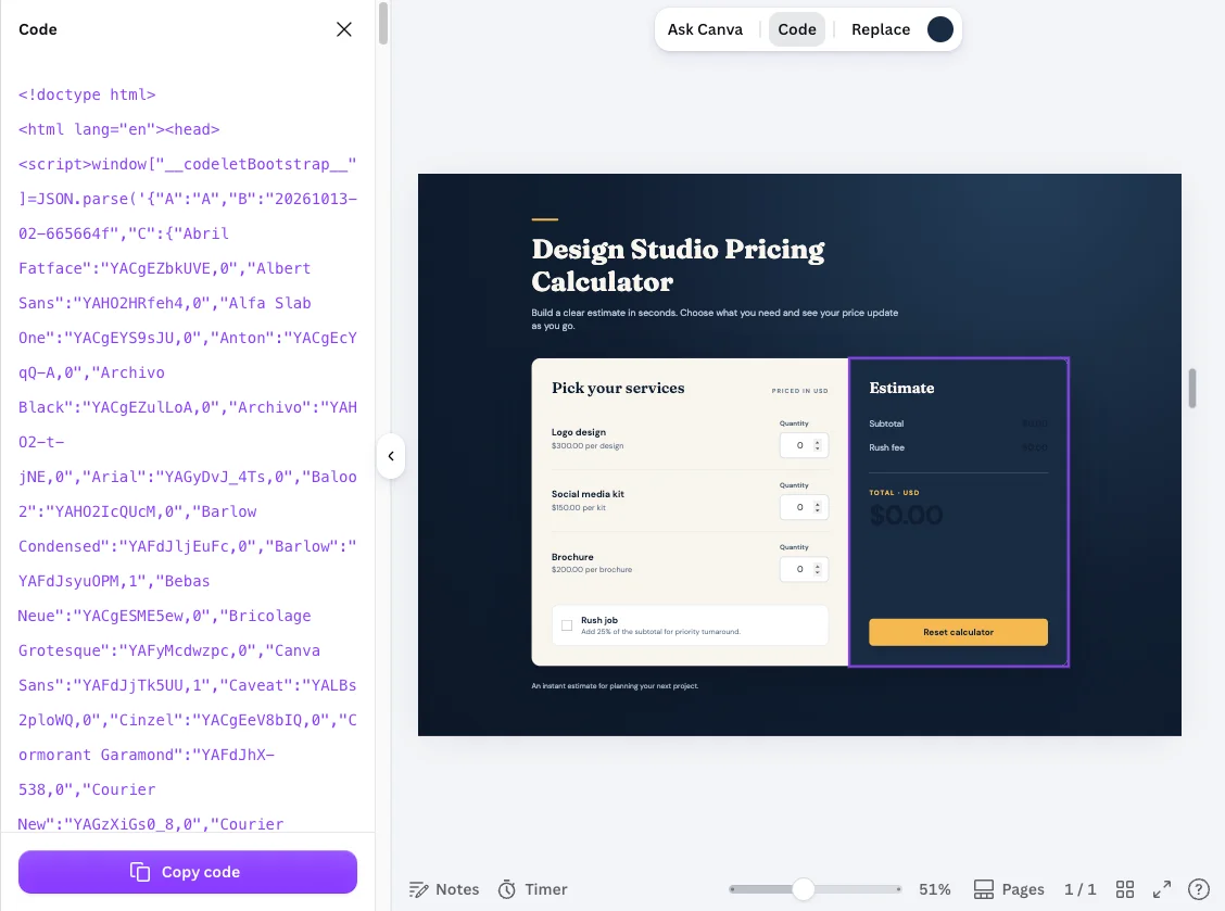 The Canva Code source panel showing the start of an HTML document with a Copy code button beneath it, beside the calculator on the canvas