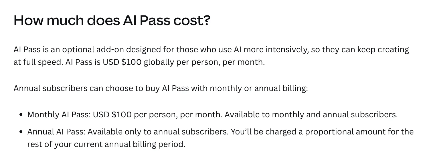 Canva's help page section headed How much does AI Pass cost, stating AI Pass is USD $100 globally per person, per month, with monthly billing open to monthly and annual subscribers and annual billing to annual subscribers only
